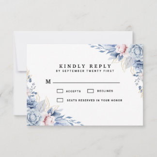 Elegante Blauwe en Blush Bloemen Bruiloft RSVP Kaartje