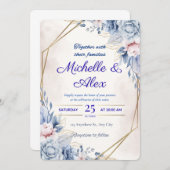Elegante Blauwe en Blush Bloemen Huwelijksuitnodig Kaart (Voorkant / Achterkant)