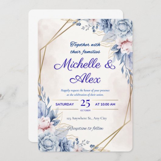 Elegante Blauwe en Blush Bloemen Huwelijksuitnodig Kaart (Voorkant / Achterkant)