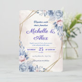 Elegante Blauwe en Blush Bloemen Huwelijksuitnodig Kaart (Staand voorkant)