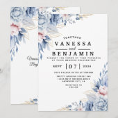 Elegante Blauwe en Blush Bloemen Huwelijksuitnodig Kaart (Voorkant / Achterkant)