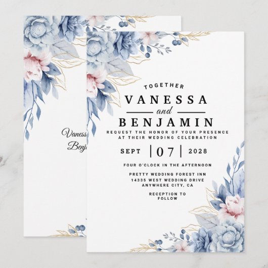 Elegante Blauwe en Blush Bloemen Huwelijksuitnodig Kaart (Voorkant / Achterkant)