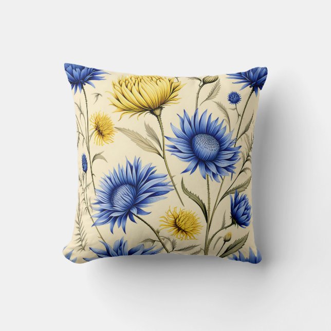 Elegante blauwe en gele bloemen kussen (Voorkant)