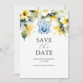 Elegante Blauwe en Gele Bloemen sparen de Datumkaa Save The Date