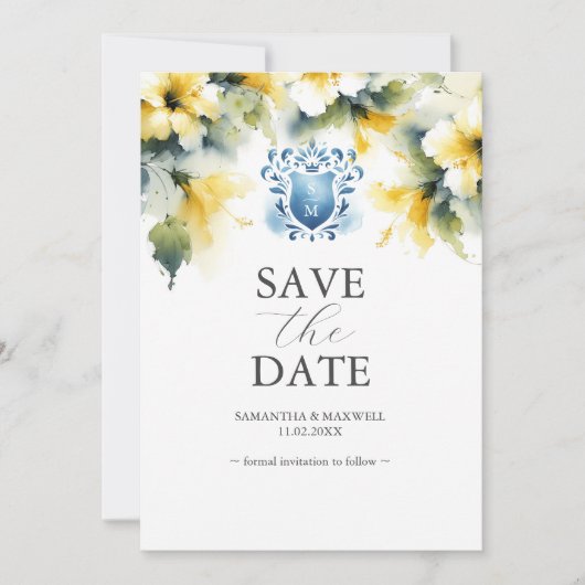 Elegante Blauwe en Gele Bloemen sparen de Datumkaa Save The Date (Voorkant)