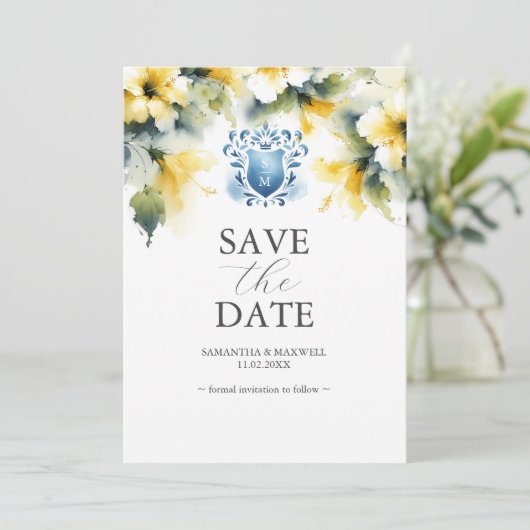 Elegante Blauwe en Gele Bloemen sparen de Datumkaa Save The Date (Staand voorkant)