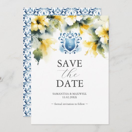 Elegante Blauwe en Gele Bloemen sparen de Datumkaa Save The Date (Voorkant / Achterkant)