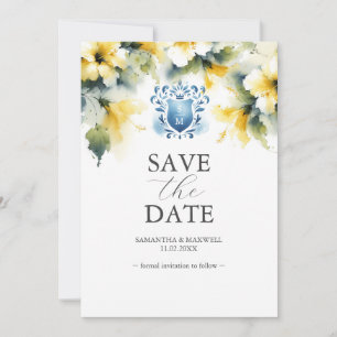 Elegante Blauwe en Gele Bloemen sparen de Datumkaa Save The Date