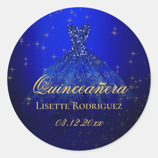 Elegante blauwe en gouden aangepaste Quinceanera Ronde Sticker (Voorkant)