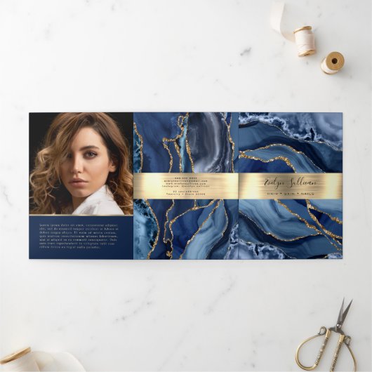 Elegante Blauwe en Gouden Agaat Trifold Brochure Drieluik Kaart (Buitenkant)