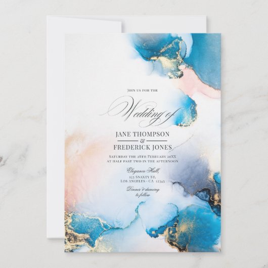 Elegante blauwe en gouden alcoholinkt met blush-ac kaart (Voorkant)