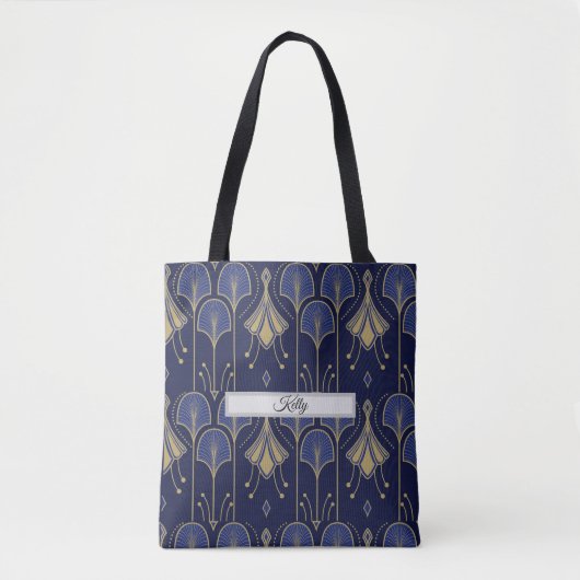 Elegante Blauwe en Gouden Art Deco Tote Bag (Voorkant)