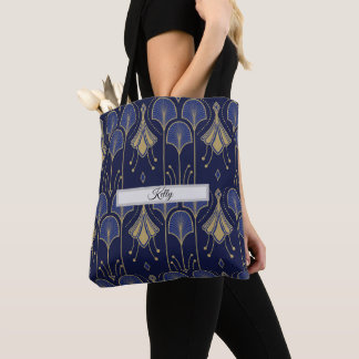 Elegante Blauwe en Gouden Art Deco Tote Bag