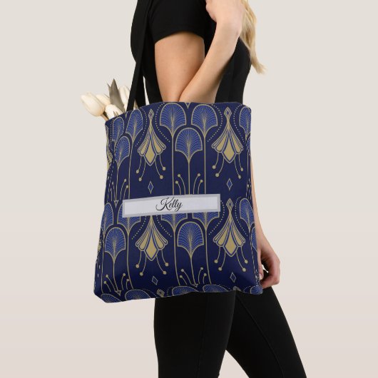 Elegante Blauwe en Gouden Art Deco Tote Bag (Dichtbij)