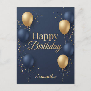 Elegante Blauwe en Gouden Ballon Gelukkig Verjaard Briefkaart