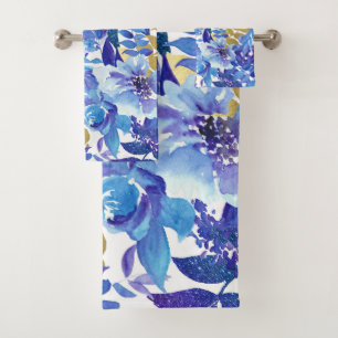 Elegante Blauwe en Gouden Bloemen Badhanddoek Set Bad Handdoek
