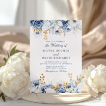 Elegante Blauwe en Gouden Bloemen Bruiloftsinvatie