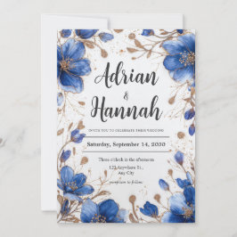 Elegante Blauwe en Gouden Bloemen Bruiloftsinvatie Kaart