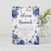 Elegante Blauwe en Gouden Bloemen Bruiloftsinvatie Kaart (Staand voorkant)