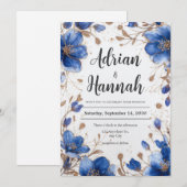 Elegante Blauwe en Gouden Bloemen Bruiloftsinvatie Kaart (Voorkant / Achterkant)