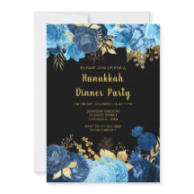 Elegante Blauwe en Gouden Bloemen Hanukkah Feest