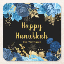 Elegante Blauwe en Gouden Bloemen Hanukkah Feest