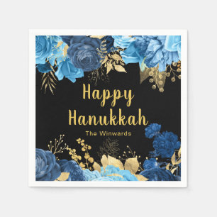 Elegante Blauwe en Gouden Bloemen Hanukkah Feest Servet