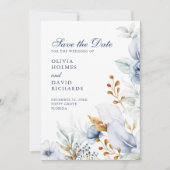 Elegante Blauwe en Gouden Bloemen Huwelijk Save th Save The Date (Voorkant)