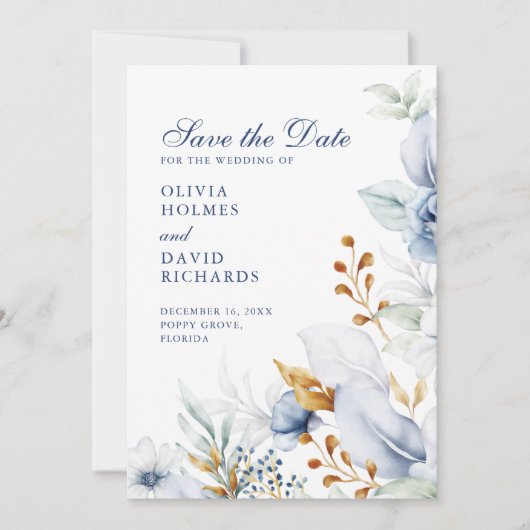 Elegante Blauwe en Gouden Bloemen Huwelijk Save th Save The Date (Voorkant)