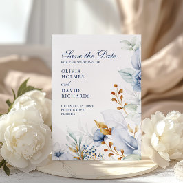 Elegante Blauwe en Gouden Bloemen Huwelijk Save th Save The Date