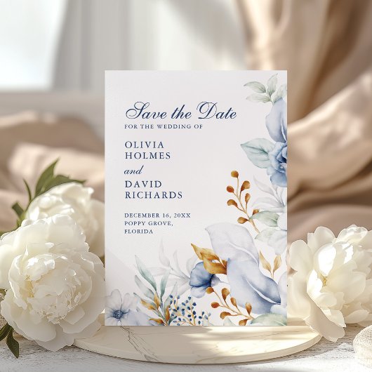 Elegante Blauwe en Gouden Bloemen Huwelijk Save th The Date