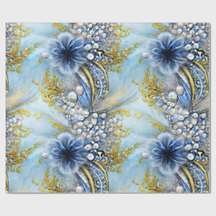 Elegante Blauwe en Gouden Bloemen Kralen Cadeaupapier