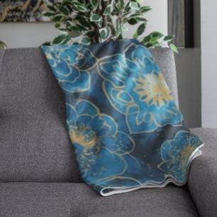 Elegante Blauwe en Gouden Bloemen - Stijlvolle Bot Fleece Deken
