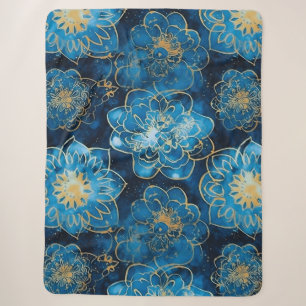 Elegante Blauwe en Gouden Bloemen - Stijlvolle Bot Sherpa Deken