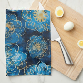 Elegante Blauwe en Gouden Bloemen - Stijlvolle Bot Theedoek