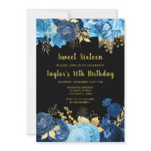 Elegante blauwe en gouden bloemen Sweet Sixteen