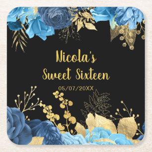 Elegante Blauwe en Gouden Bloemen Sweet Sixteen Kartonnen Onderzetters