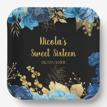 Elegante Blauwe en Gouden Bloemen Sweet Sixteen