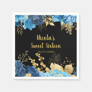 Elegante Blauwe en Gouden Bloemen Sweet Sixteen Servet