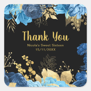 Elegante Blauwe en Gouden Bloemen Sweet Sixteen Vierkante Sticker