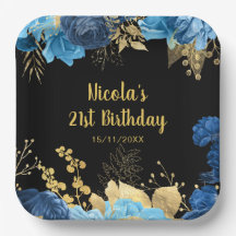 Elegante Blauwe en Gouden Bloemen Verjaardagsfeest