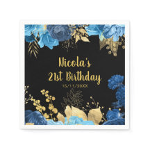 Elegante Blauwe en Gouden Bloemen Verjaardagsfeest