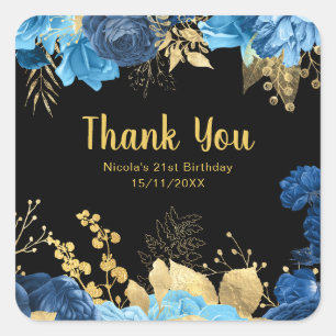 Elegante Blauwe en Gouden Bloemen Verjaardagsfeest Vierkante Sticker