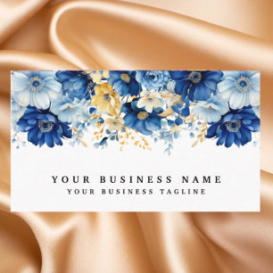 Elegante Blauwe en Gouden Bloemen Visitekaartjes