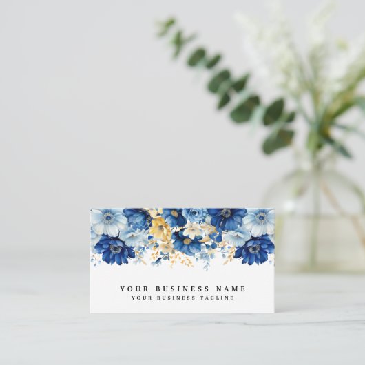 Elegante Blauwe en Gouden Bloemen Visitekaartjes (Staand voorkant)
