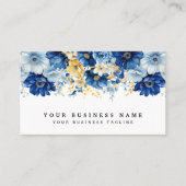 Elegante Blauwe en Gouden Bloemen Visitekaartjes (Voorkant)