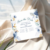 Elegante blauwe en gouden bloemenbruiloft save the date