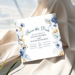 Elegante blauwe en gouden bloemenbruiloft save the date