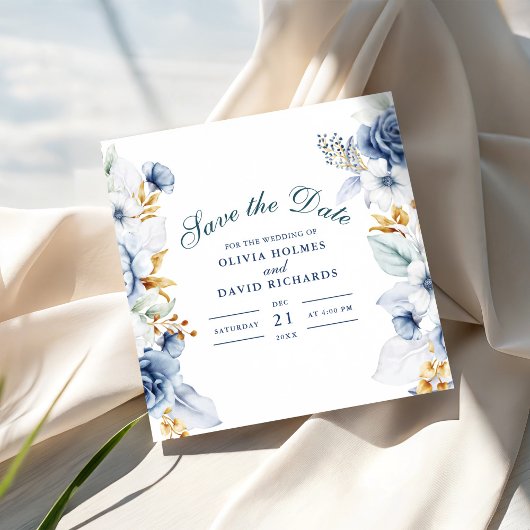 Elegante blauwe en gouden bloemenbruiloft save the date