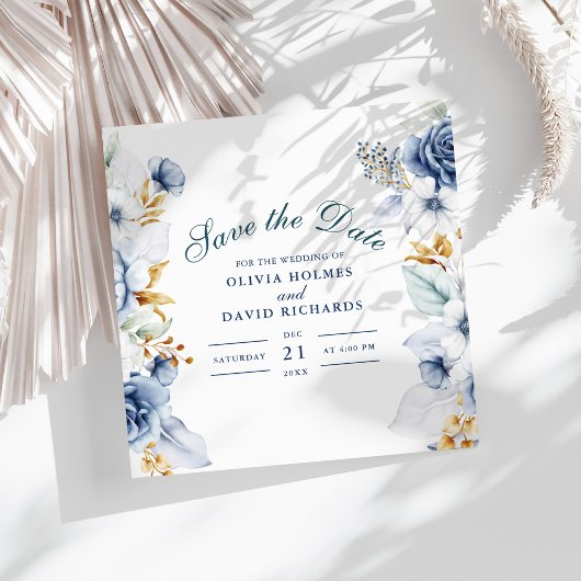 Elegante blauwe en gouden bloemenbruiloft save the date